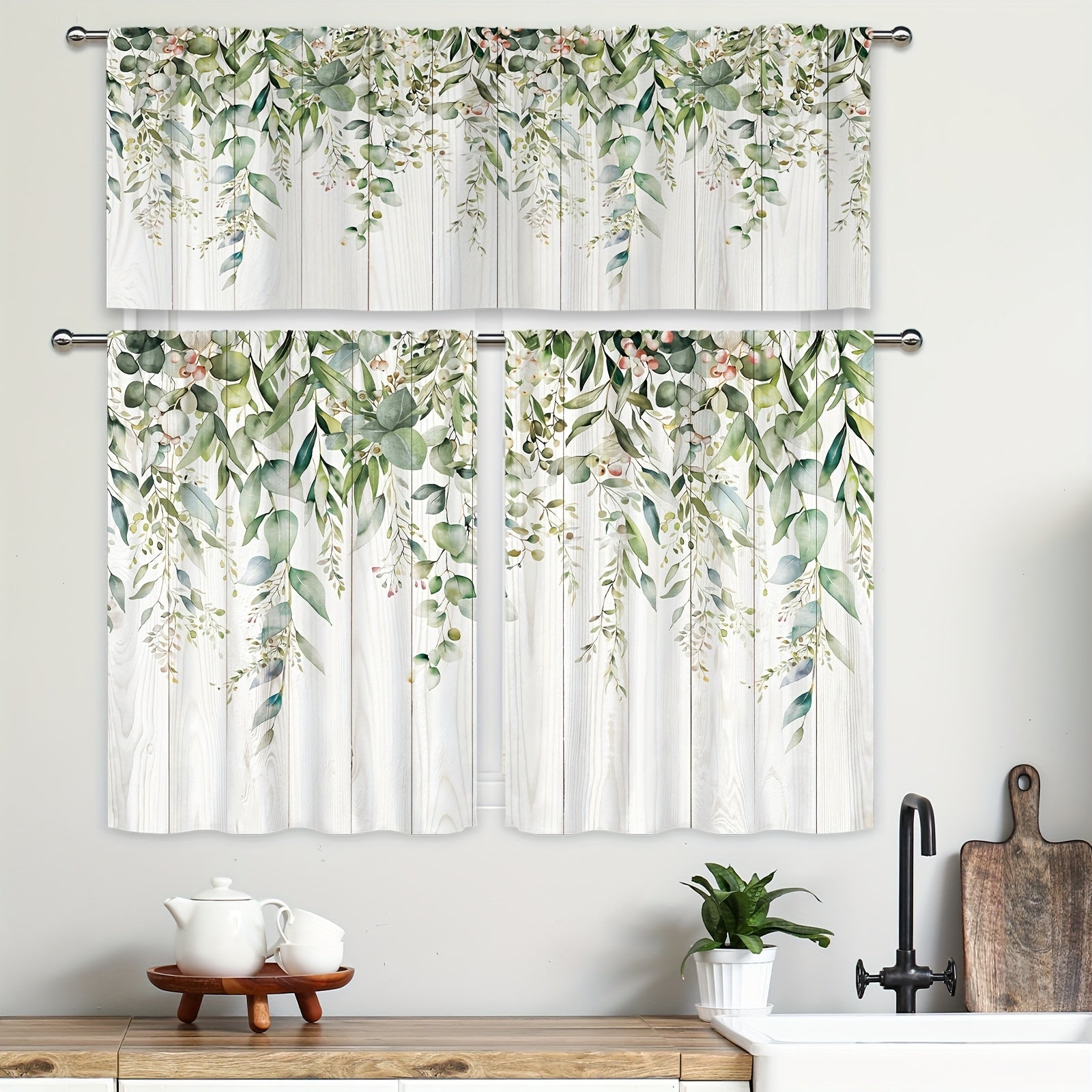 TEMU 3-2pcs Sage Green Eucalyptus Leaves Kitchen Curtains And Valance Set 3pcs Kitchen Curtains Sets, Watercolor Flower Plant Rod Pocket Valance And