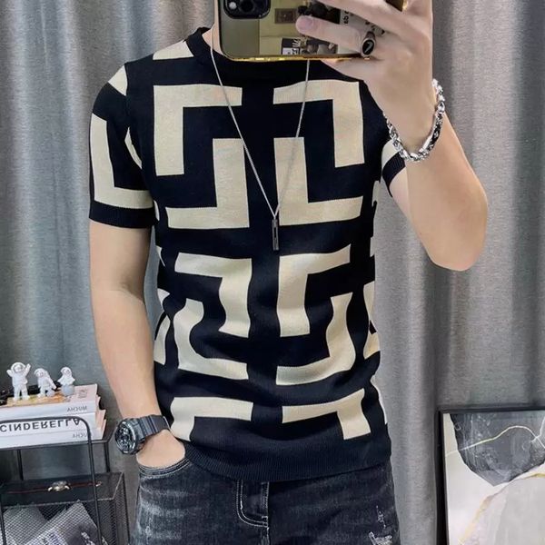 Men&#039;s T-shirts 3 Color Short Sleeve Knitting T-shirt Men Slim Streetwear Contrast T Shirt Tee Homme Social Club Outfits Tshirt K8ve#