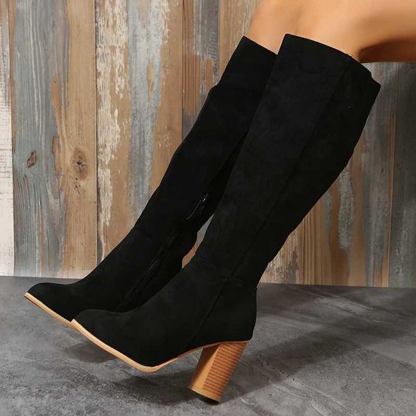 Boots Women Cowboy Heels Western Chunky Shoes Leather Knee High Long Elegant Designer Plus Size New Rock Pole Dance BrownC241105