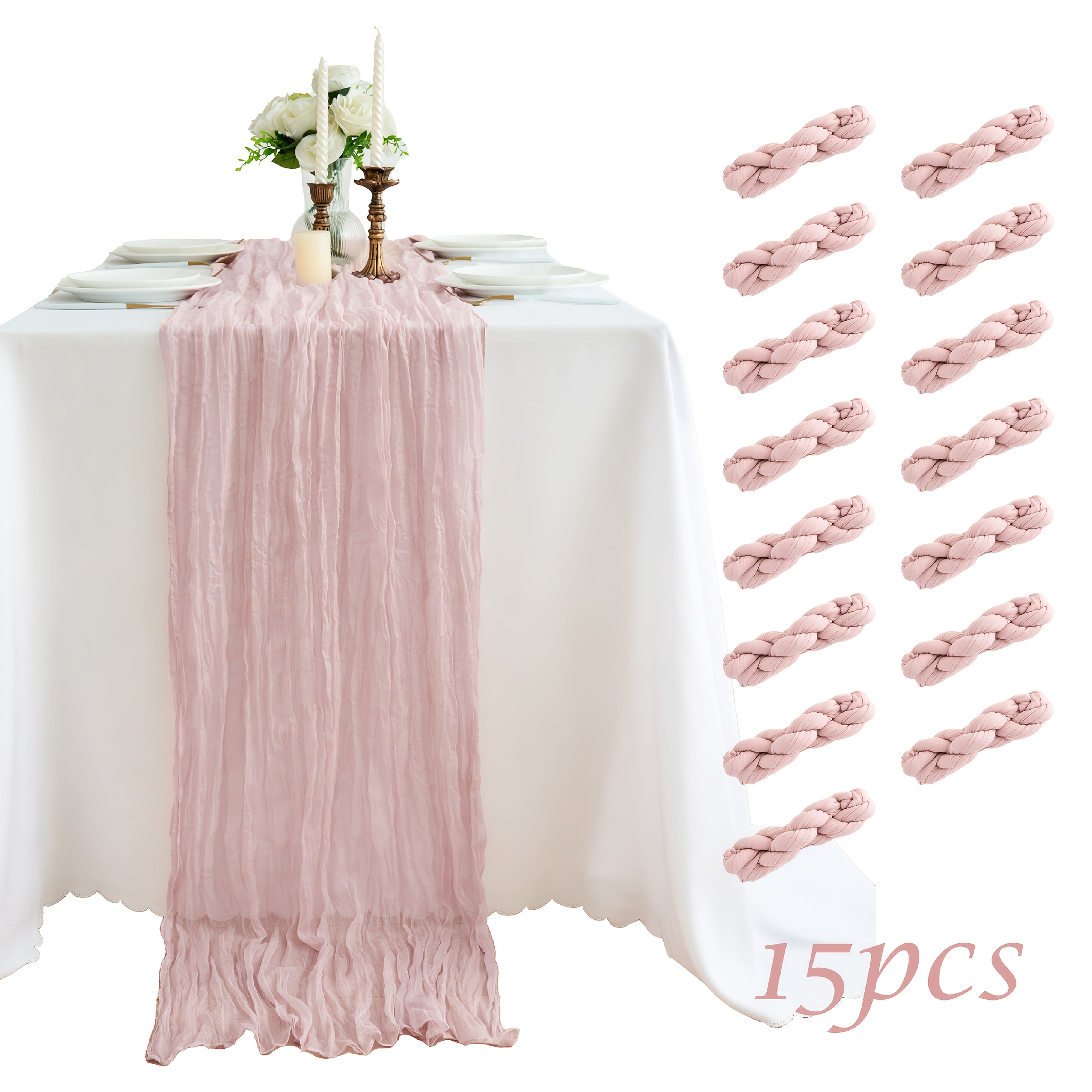 TEMU 15pcs Elegant Balinese Pleated Table Runner - Solid Color Cheesecloth Fabric, Showers & Birthday Parties, Durable Party Decor, Holiday Desktop