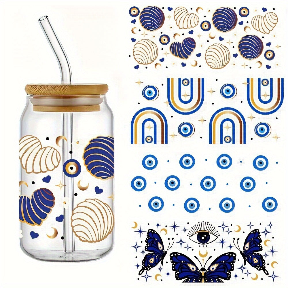 TEMU 4pcs-set Evil Eye Daisy Uv Dtf Cup Wraps Decals Printing Waterproof Self-adhesive Transfer Paper For Mug Water Bottle Cup, Dtf Transfer Transfer