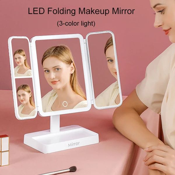 Three fold LED makeup mirror with 3 tone light portable and compact desktop makeup mirror 2X-3X magnifying rotating light makeup mirror 2411