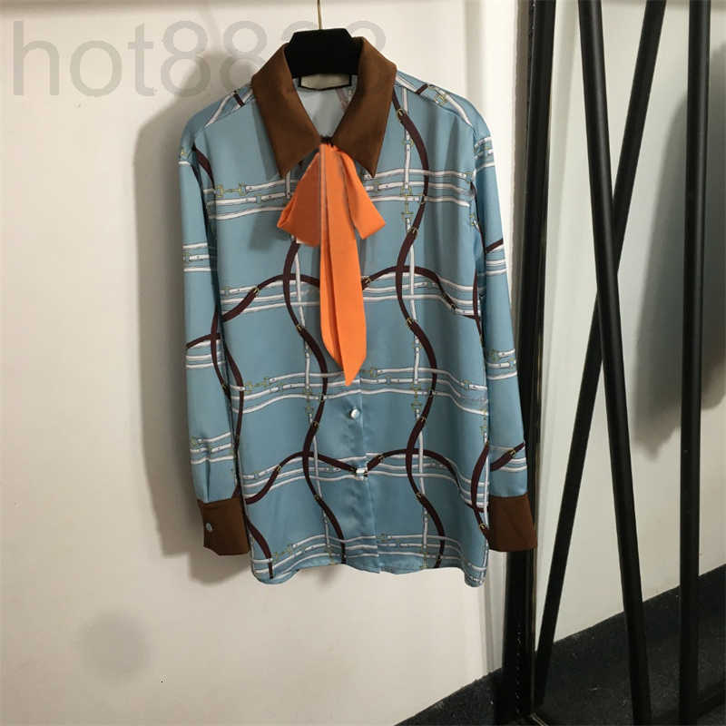 Women&#039;s Blouses & Shirts Designer Shirt Women Formal with Bow Tie Collar and Belt Print Blouse Loose Fit Long Sleeve Blue Top Button Lapel Slim