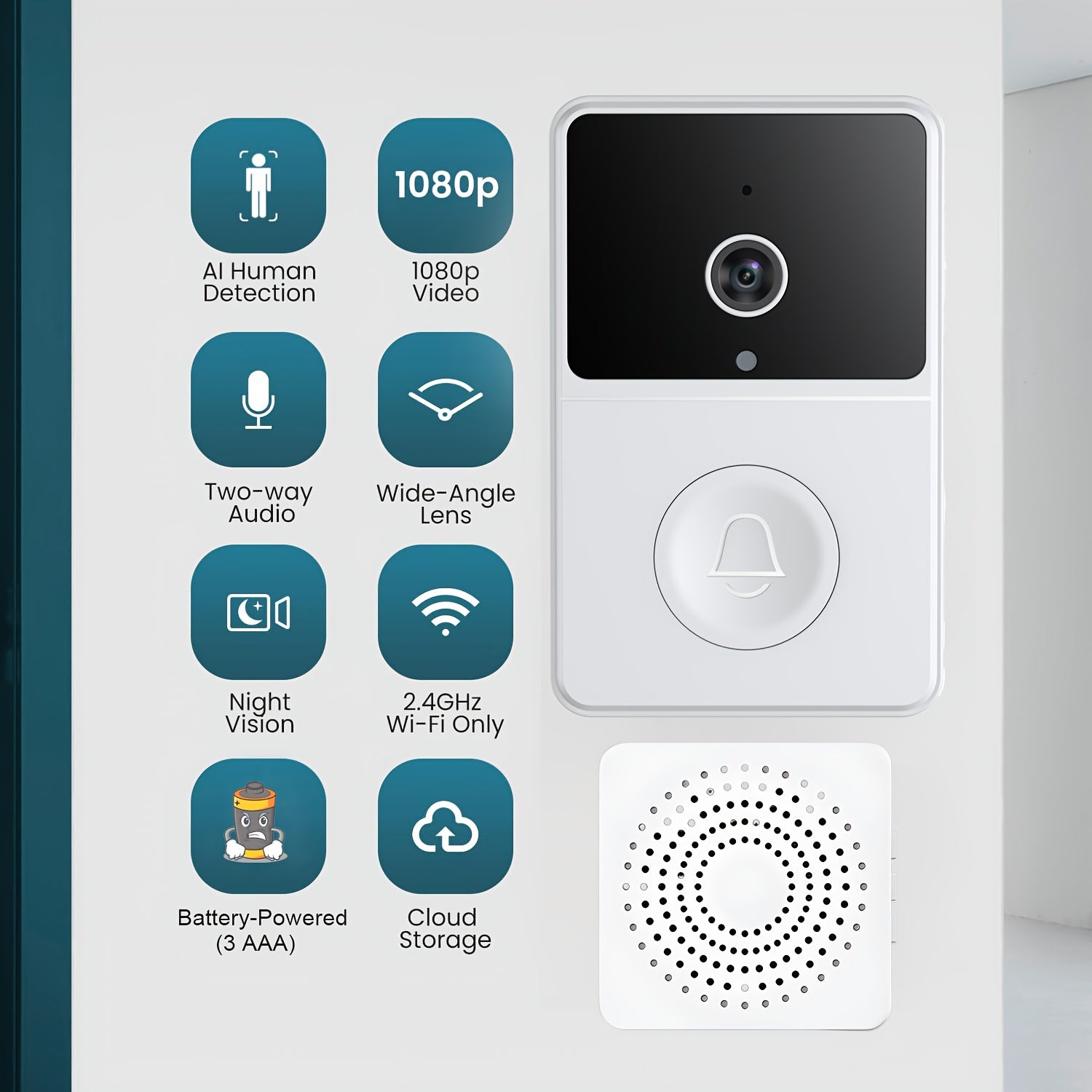 TEMU 1080p Full Hd Ring , Use Talk, Advanced Motion Detection, Real-time Alerts To Monitor Your Front Door, Cloud Storage, 2.4g Wifi Connection, Ai