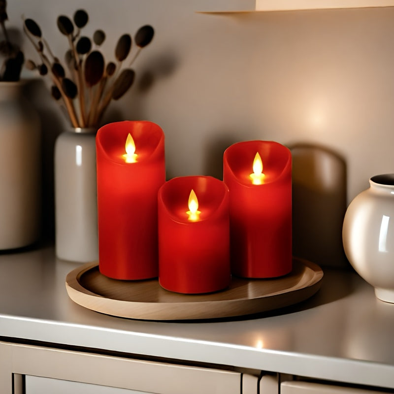 TEMU 3pcs Set Of Red Flameless Candles With Non-dripping Wax Columns, Realistic Dancing Led Flames And A 10-button Remote Control, 24-hour Timer