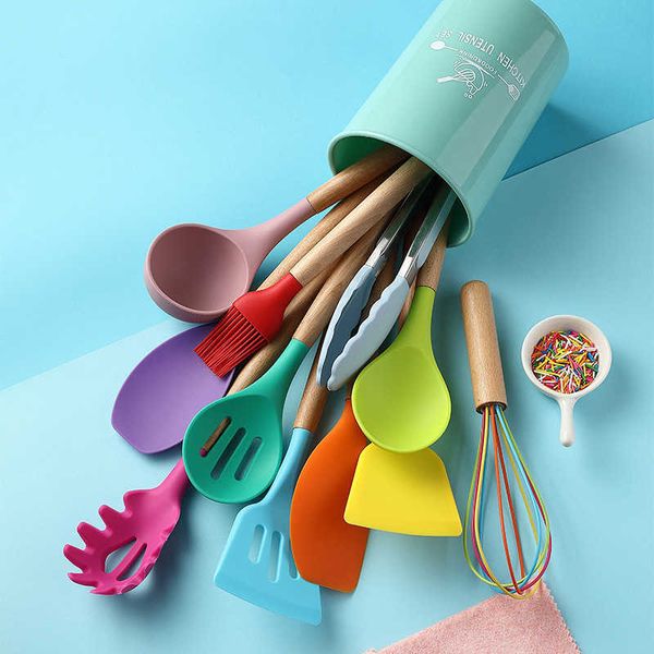 Manida de madeira Silicone Kitchenware utensils de cozinha de cozinha antiaderente de cozinha