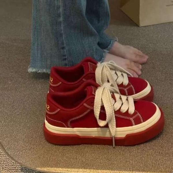 Vintage Red Canvas Low-top Women Sneakers Casual Letter Embroidery Skateboard Shoes Students Flat Fashion atillas