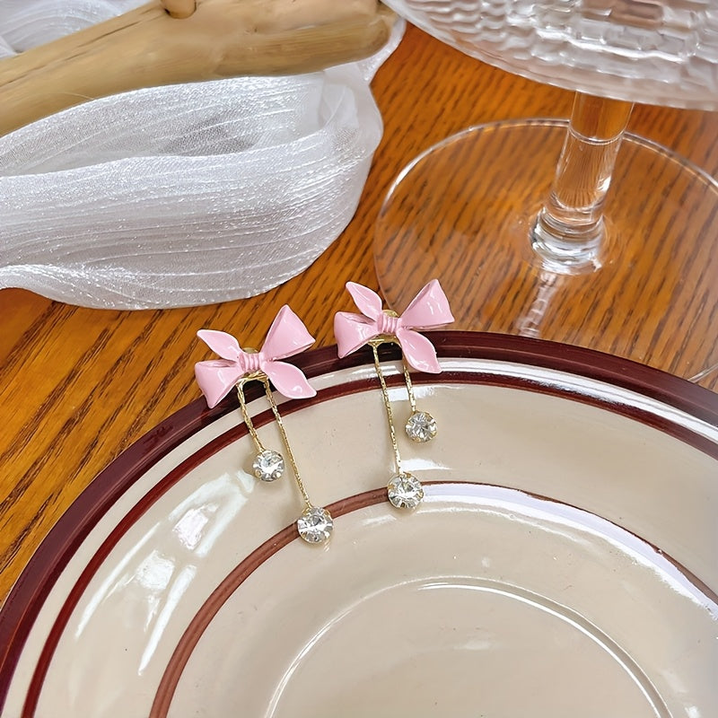 TEMU 1 Pair Chic Pink Bowknot & Tassel Earrings - Vintage-inspired Alloy Dangle Jewelry For Women, Casual Attire Or Parties, Valentine's Day Gift,