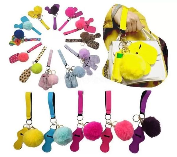 11 Colors Party Favor Defense Keychain Pompom Hand Sanitizer Wrist Strap Lipstick Keychains Silver For Woman Men Self-defense Keyrings