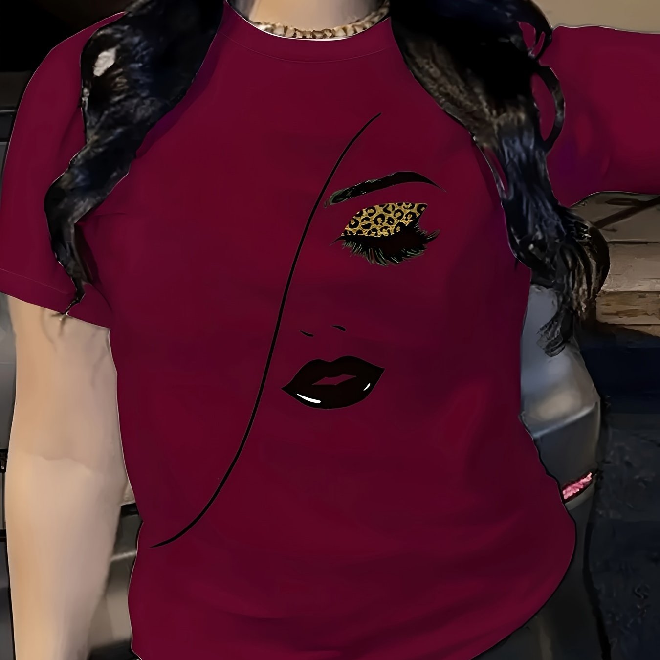 TEMU Women's Casual Short Sleeve Crew Neck T-shirt - Vibrant Red Portrait Print, , Machine Washable Regular For Casual Attire, Ladies T Shirts,