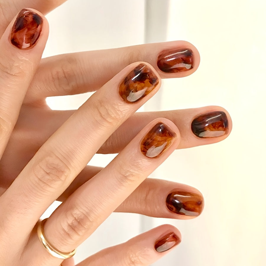 TEMU Style Instantly With This 24pcs Short Amber-colored Minimalist Fake Nail Set, Complete With And A Nail File, Parties And Casual Attire