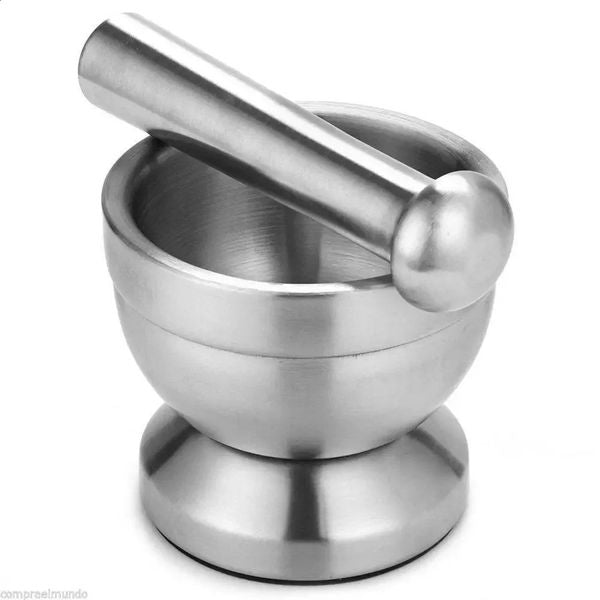 Double Stainless Steel Metal Mortar Salt And Pestle Pedestal Bowl Garlic Press Pot Herb Mills Pepper Spice Grinder Pot Kitchen 240808
