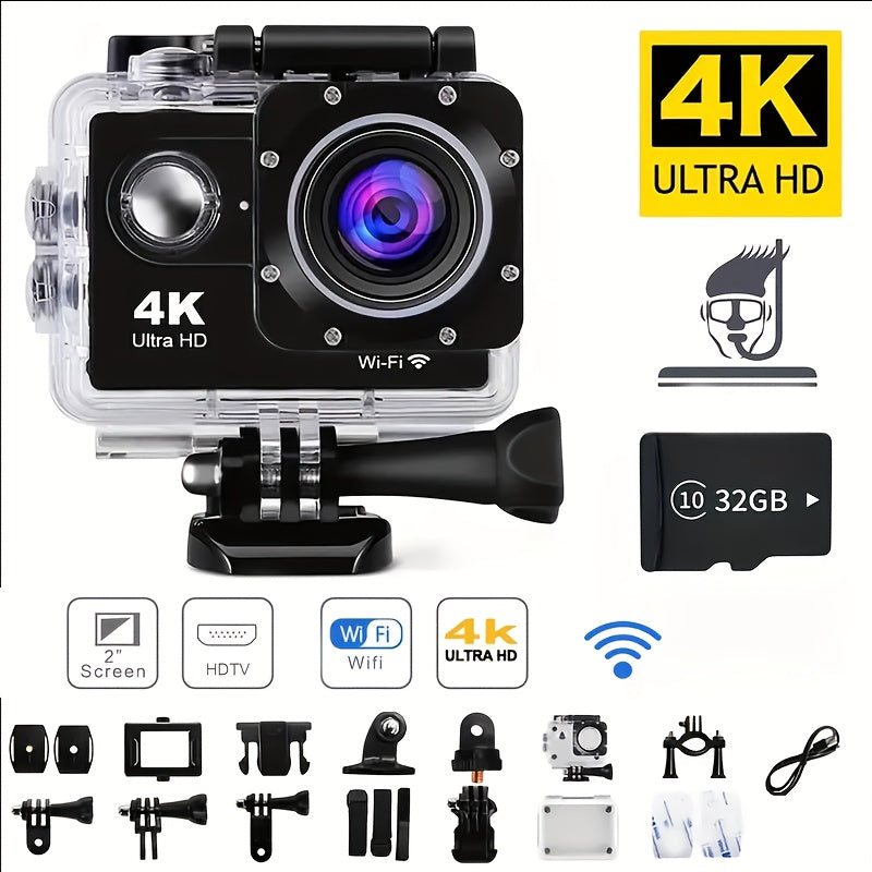 TEMU 4k Ultra Hd Wifi Action Camera With 32gb Card – High Quality, Full Hd 12mp, 30fps, Ideal For Outdoor Sports, Cycling & Diving, Easy Smartphone