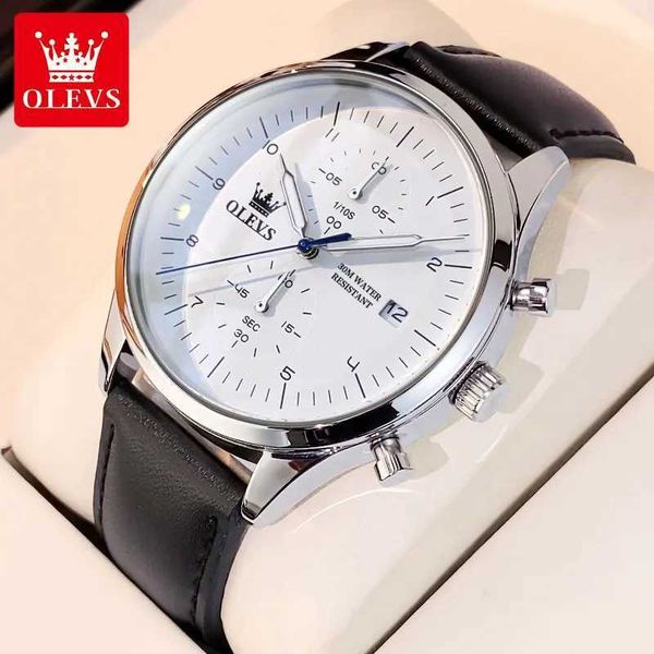 OLEVS 2880 Brand Business Mens Watch Leather Strap Waterproof Quartz Watch for Male Chronograph Wristwatch Date Clock Z250207