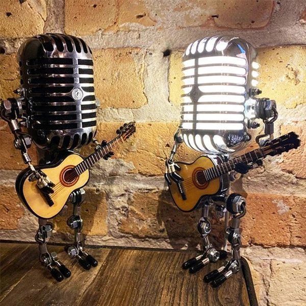 Decorative Objects Figurines Vintage Microphone Robot Lamp Play Guitar Desk LED Light Miniatures Crafts Lighting Office Home Decoration 2302