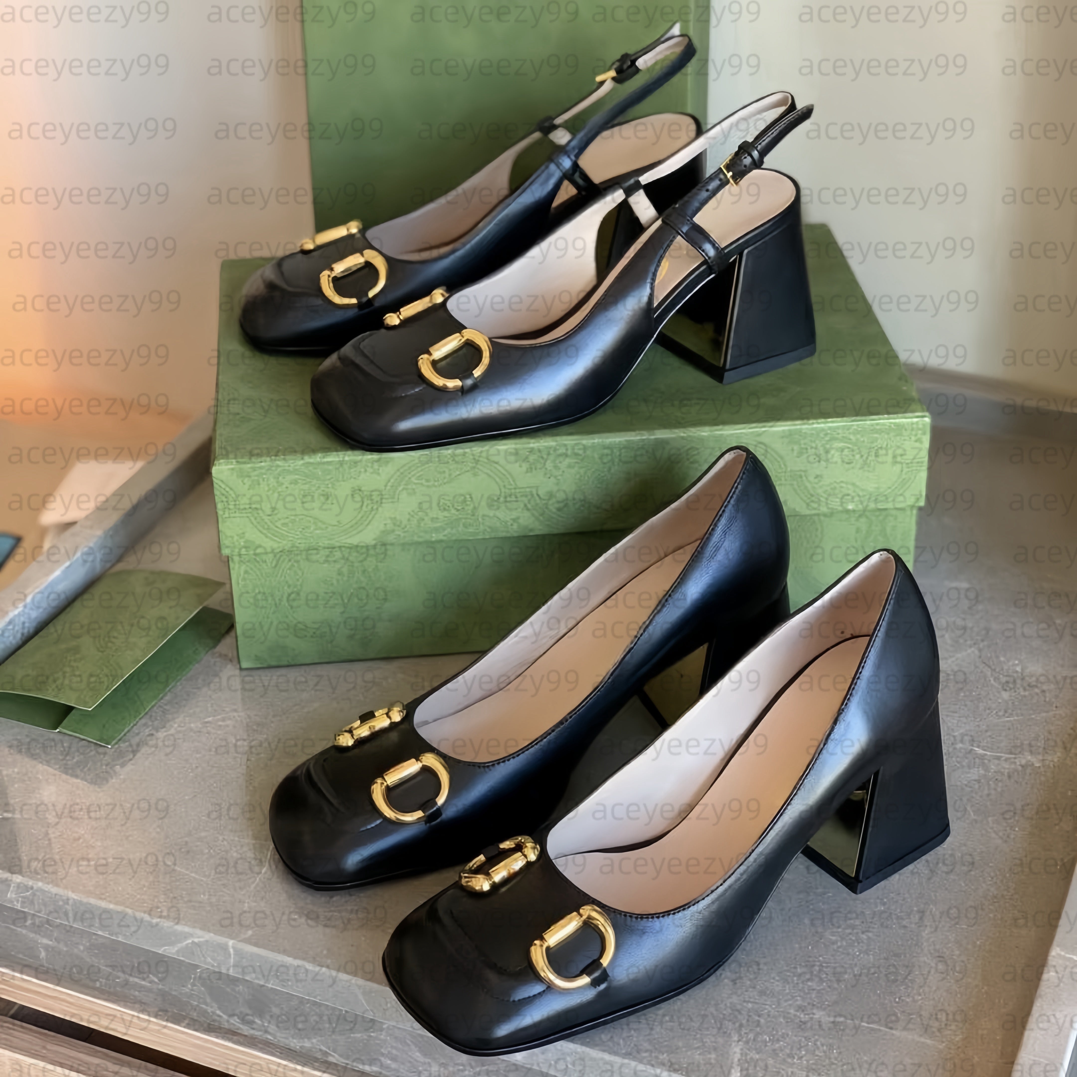 Designer Heels Women Chunky sandals Leather Sandals Chunky heel Pumps Luxury Thick Heeled Boat Mary Jane heels lady Metal Dress shoes