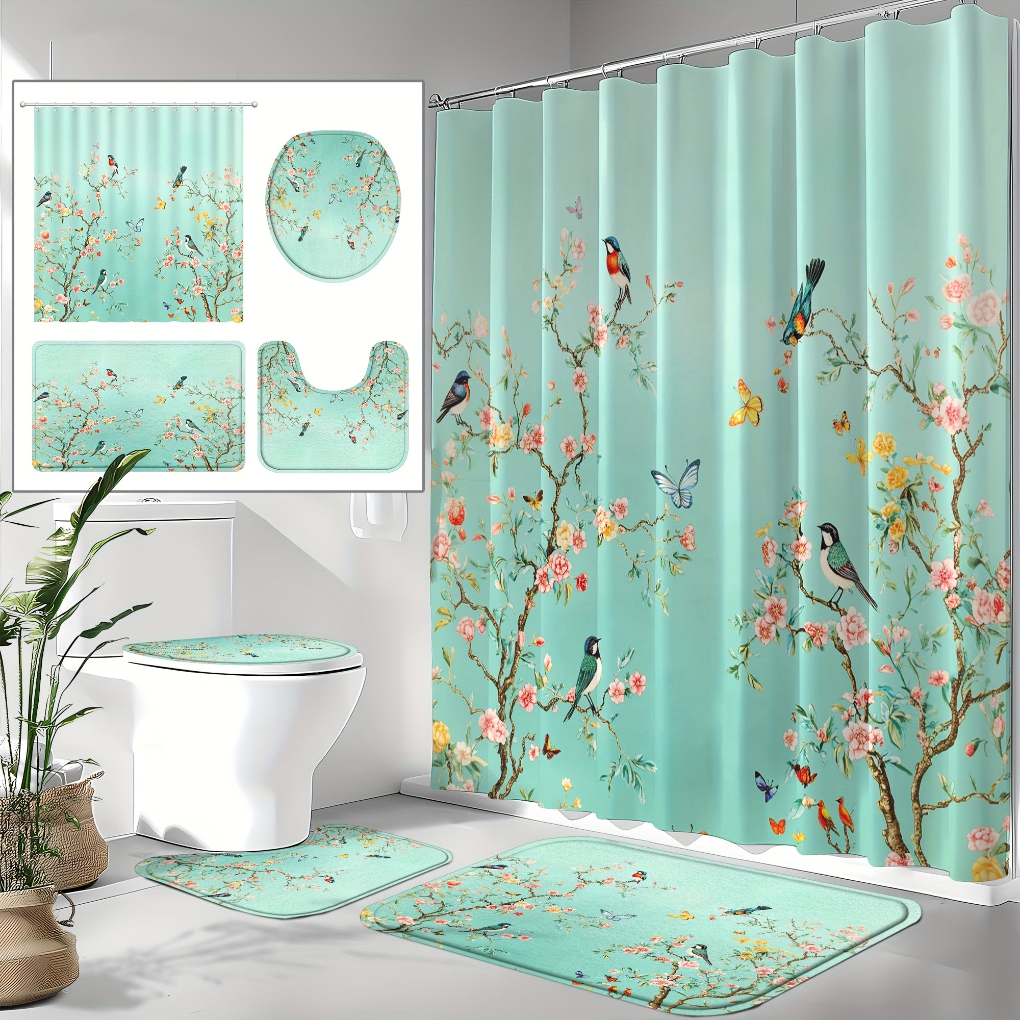 TEMU Flower Bird 4pcs Shower Curtain Set - & Machine Washable, Includes 12 Hooks, Anti-slip Floor Mat, Toilet Seat Cover & U-shaped Rug, Vintage