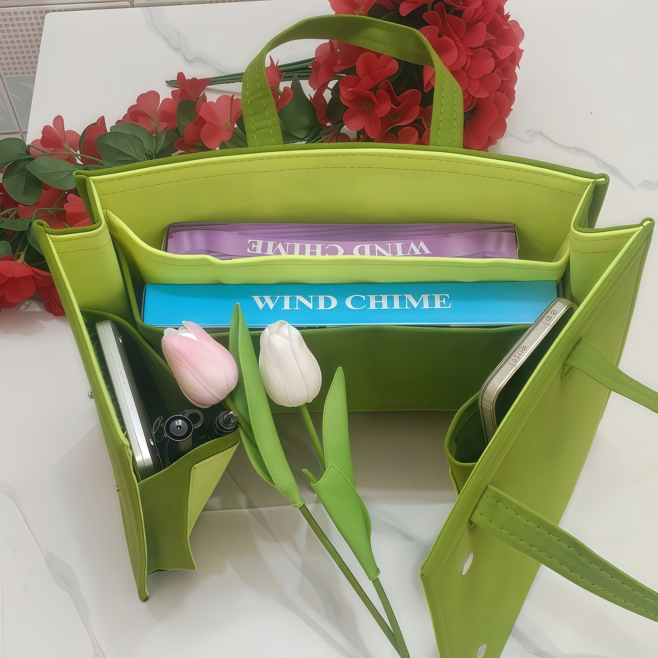 TEMU Women' Bag| Green Felt- Foldable Backpack, Travel Briefcase, Laptop Bag With Zipper Closure And Detachable Shoulder Strap, Laptop Storage Bag|