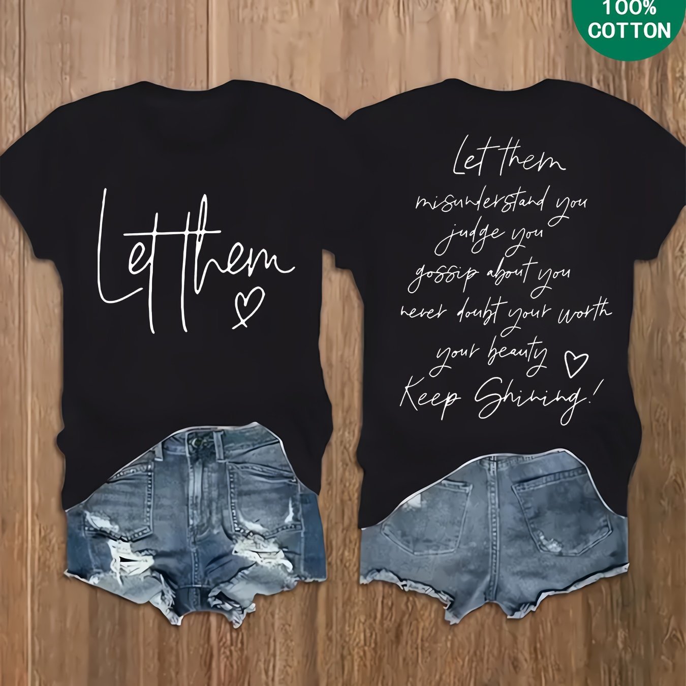 TEMU Women's 100% Graphic T-shirt - Casual Short Sleeve Round Neck Top With Inspirational Quotes "" & "" - High-quality Knit Fabric, , Denim Shorts