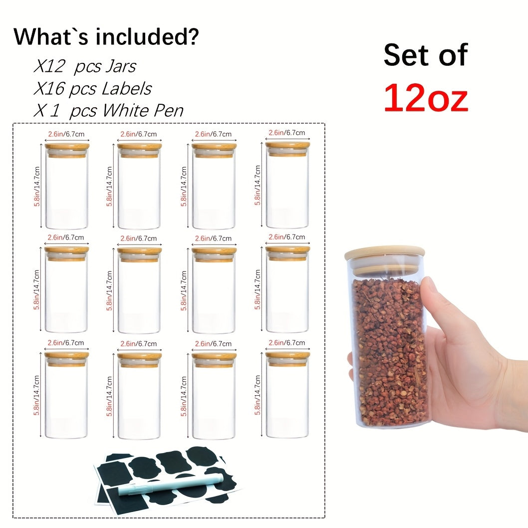 TEMU 12pack 6oz-9oz-12oz Glass Spice Jars With Natural Bamboo Lid, Airtight Round Containers With Black Labels, Empty Seasoning Jars For Spice Salt
