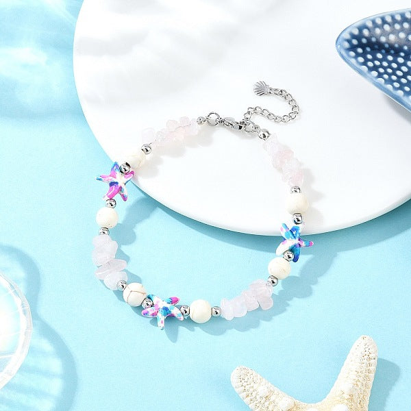 Dyed Synthetic Turquoise Starfish & Natural Rose Quartz Chip Beaded Anklets with 304 Stainless Steel End Chains