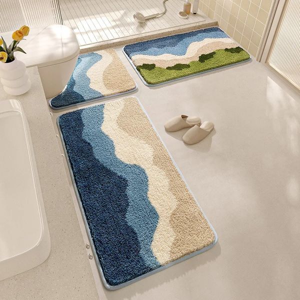 Ocean Wave Bath Mat Set Super Fiber Flocking Thickened Plush Bathroom Carpet Toilet Foot Nonslip and Water Absorbent 240603
