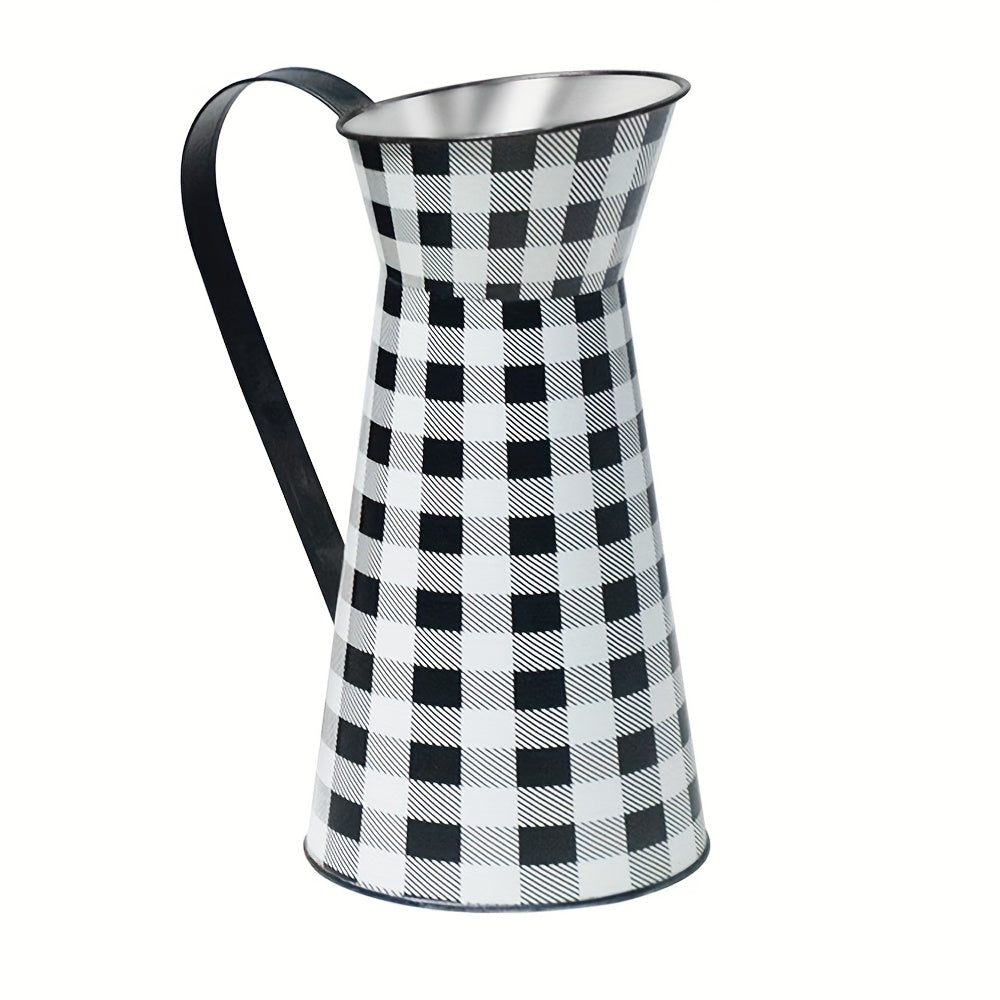 TEMU 1pc Rustic Galvanized Metal Flower Vase - 9.84 Inch Checkered Galvanized With Handle, Decorative Milk Jug For Living Room, Kitchen, Farmhouse -