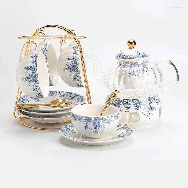 Coffee Tea Sets British Style Afternoon Set ral Pot Candle Heated Glass Blue And White Porcelain Cup Sauce