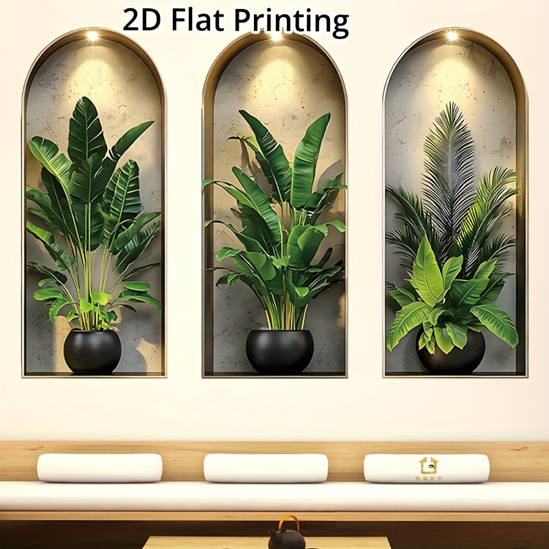 TEMU 2d Flat Print 3pcs Set Large Arch Wall Decals - Plant Leaf Decor For Living Room & Bedroom, Removable Vinyl Outline With Flower Pots, Boho Home