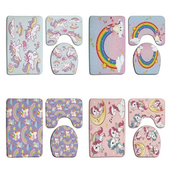 Unicorns Rainbow Cute Cloud Bath Mat Set Abstract Color Animal Childrens Girls Bathroom Door Anti slip Carpet Toilet Lid M240829