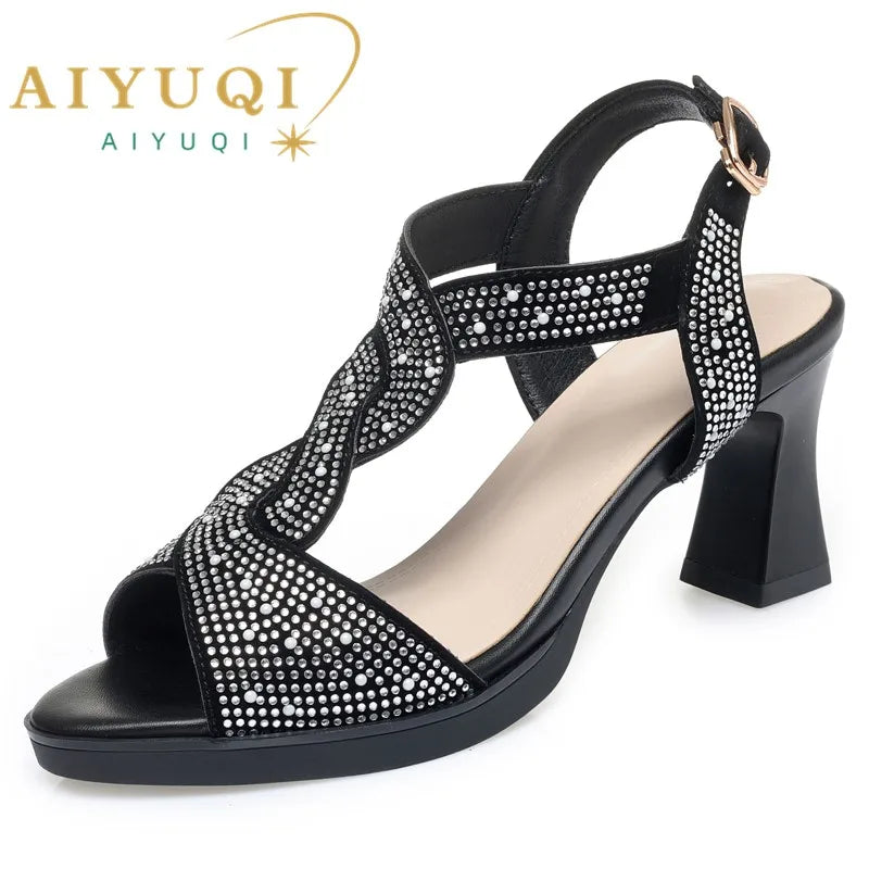 AIYUQI Sandals Women Fashion Summer Sandals Women Open Toe Rhinestone High Heels Roman Shoes Women