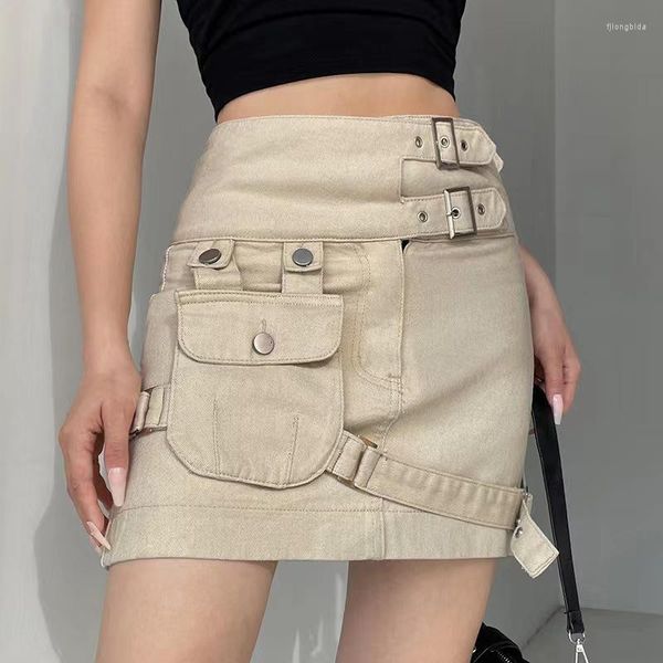 Skirts DEEPTOWN Denim Cargo Skirt Mini Women Summer Gyaru High Waist Pockets Patchwork Vintage Pencil Grunge Y2k Girl Fashion