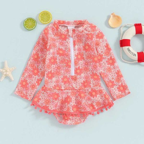 18M-6T Girls Summer Pink Swimsuit Cute Floral Print Floral Integrated Swimsuit Long Sleeved Rash Guard Swimsuit Toddler Swimsuit W250210