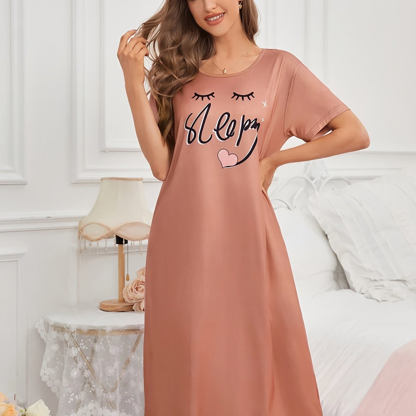 TEMU Women's Casual Short Sleeve T-shirt Nightgown - Soft Pink Sleep Dress With '' Letter & Eyelash Print, Round Neck, Medium , Machine Washable