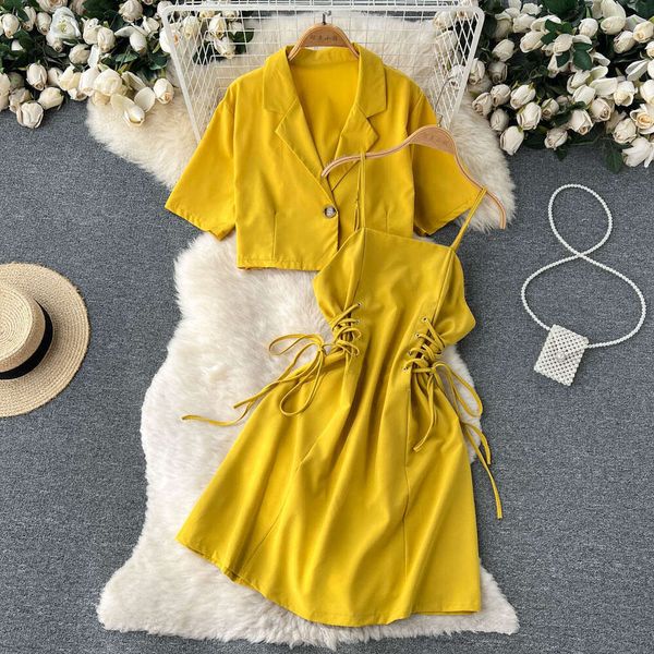 This Years Trend is Beautiful Two-piece Sets for Womens Summer Short Suits, Jackets with Straps, Waist Cinching, and Suspenders. Dresses Are