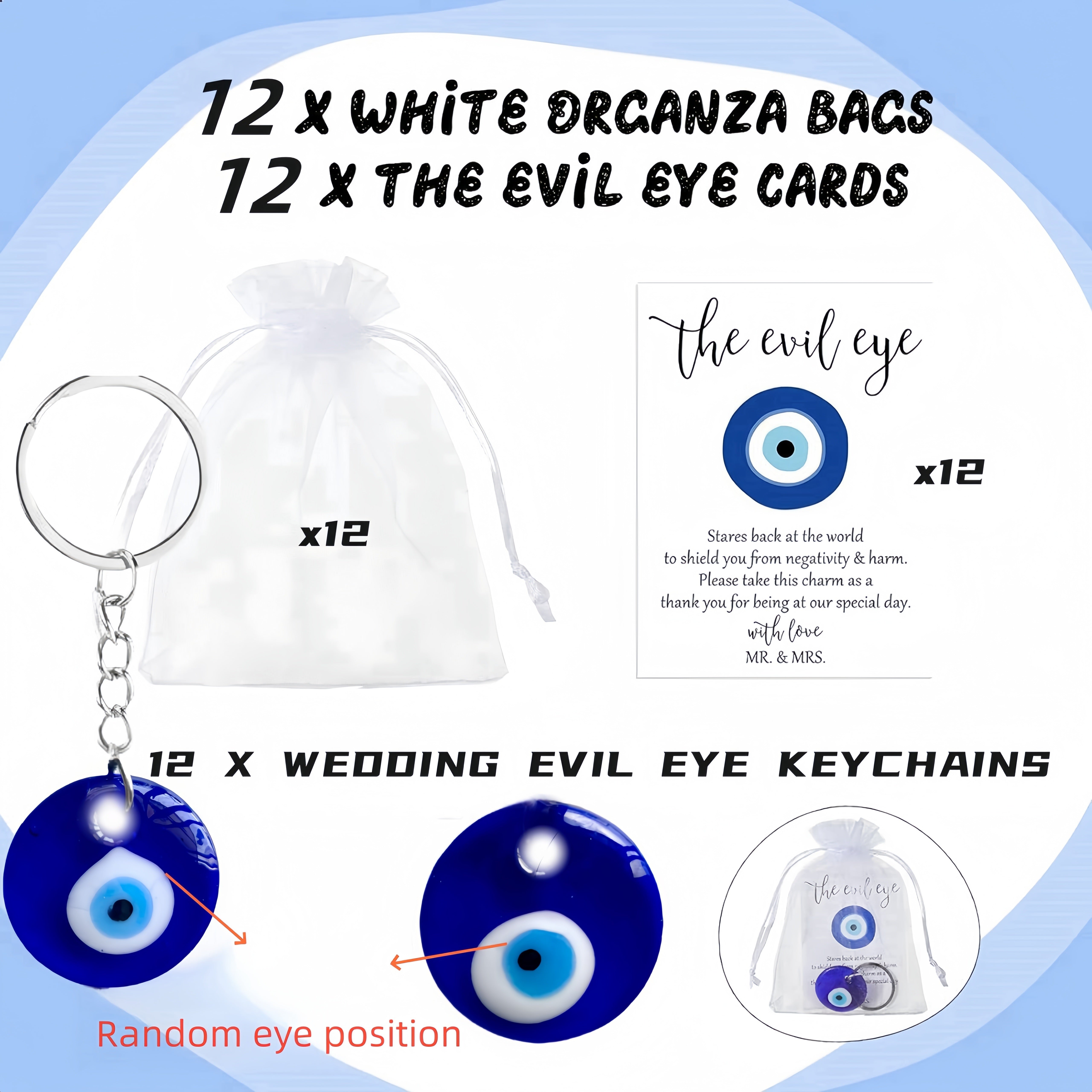TEMU 36pcs Turkish Blue Evil Eye Keychain Gift 12 Sets - Good Luck Amulets With Organza Bags & Wishes Cards For Wedding Favors, Bridal Showers &