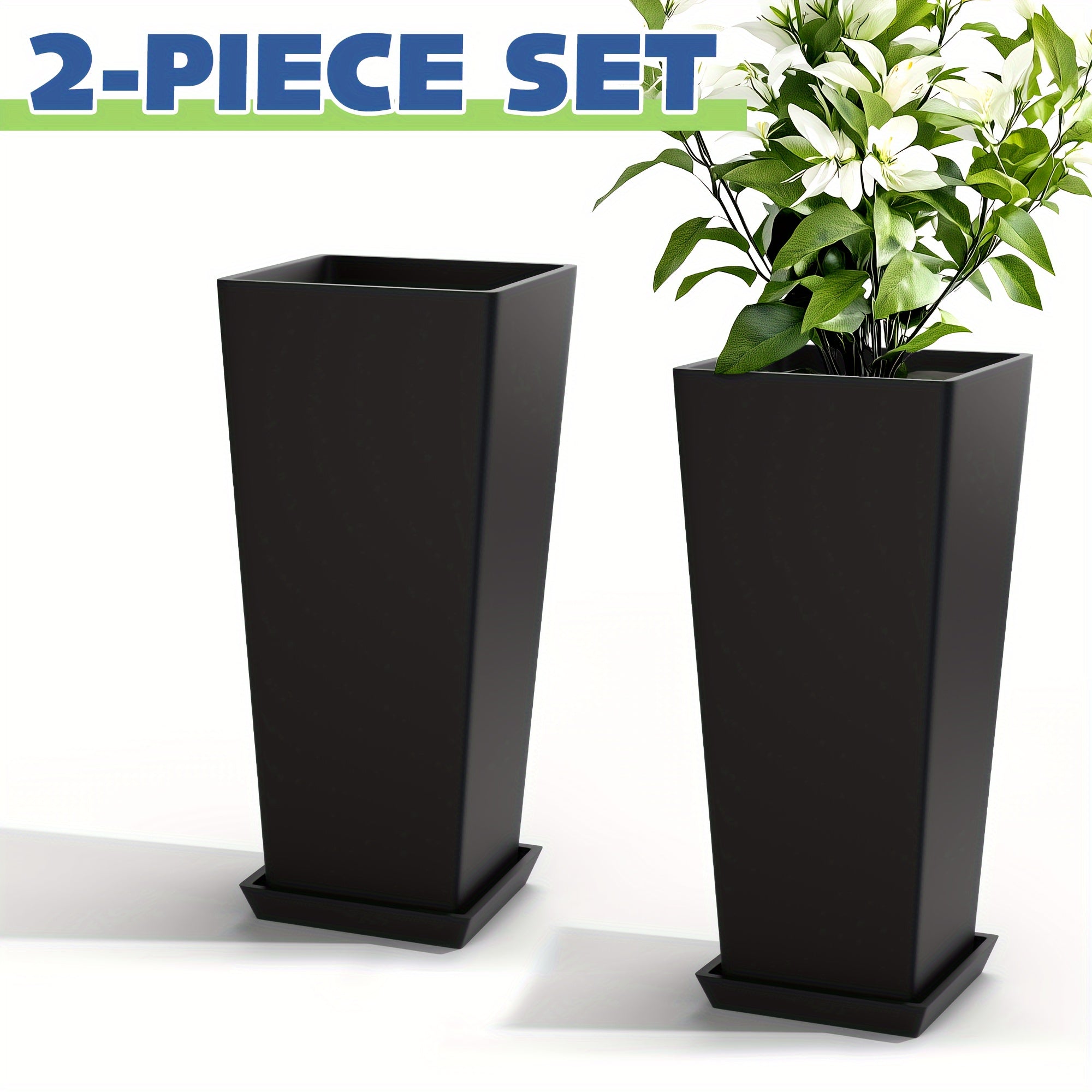 TEMU 2pcs Modern Black Planters, 24" Tall - Large Tapered Square Flower Pots With Drainage Holes & Trays For Indoor-outdoor Use, Home Garden, Patio,