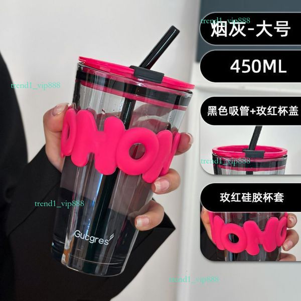 Water Bottles cup Stripe Glass cups Transparent Glasses With Lid And Straw Ice Coffee Mug Tea Literary sense cups with lid and straw 5c2