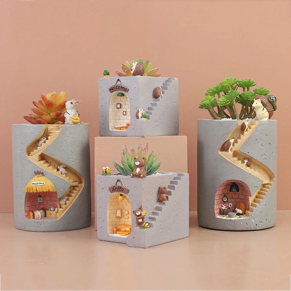 Creative Garden Art Hedgehog and Bear Juice Flower Pot Home Decoration Cartoon Resin Flower Pot Garden Pottery Decoration 241008