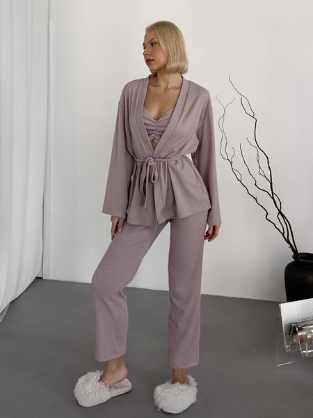 Hiloc Purple Knitted 3-Piece Sets Lace-Up Blouses With Bra Pamas Pants Suits Autumn Winter Female Homewear 2024 Casual Outfits