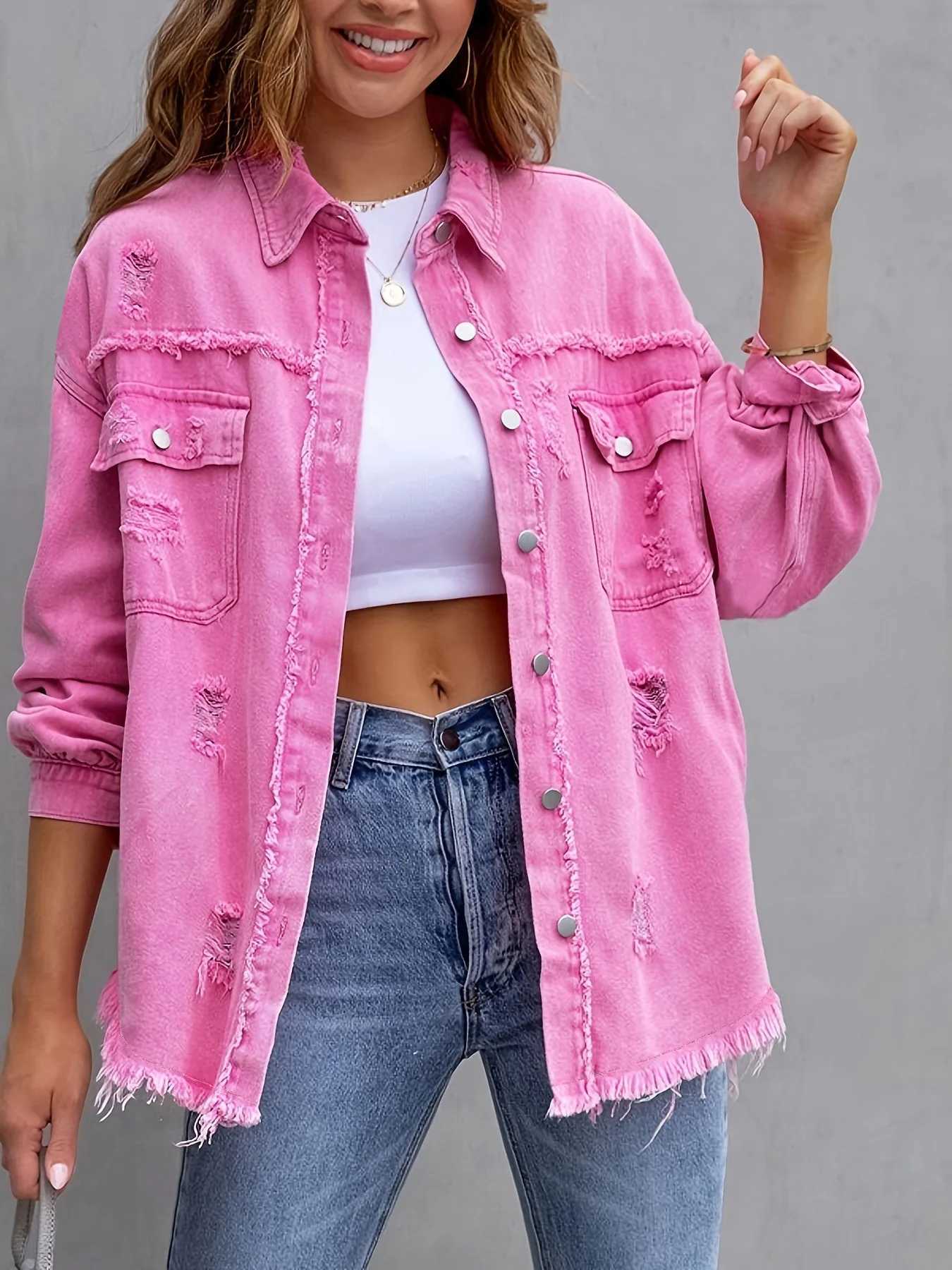 Women Denim Coat Turn Down Collar Long Sleeve Holes Jackets Single Breasted Button Cardigan Outerwear Pockets Solid SpringX240920