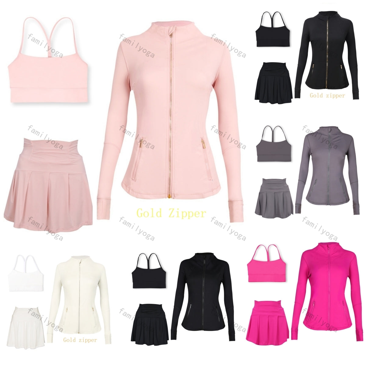 3pcs Yoga Sets Skirts and Y Bra Casual Short Sports workout sets jackets Y Bra and Skirts jackets zip up coat Elastic quick drying and breathable gy