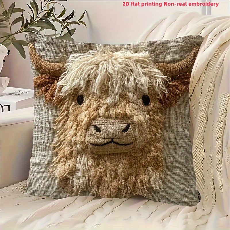 TEMU 1pc Highland Cow Plush Pillowcase 18x18 Inch - Soft Polyester Decorative Cushion Cover With Zipper Closure, Machine Washable Adorable Scottish
