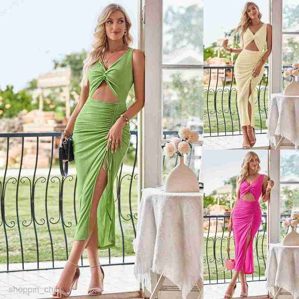 Basic Casual Women Dresses Fashion and Casual New Women's Summer V-neck Twisted Drawstring Wrapped Hip Dress for Women