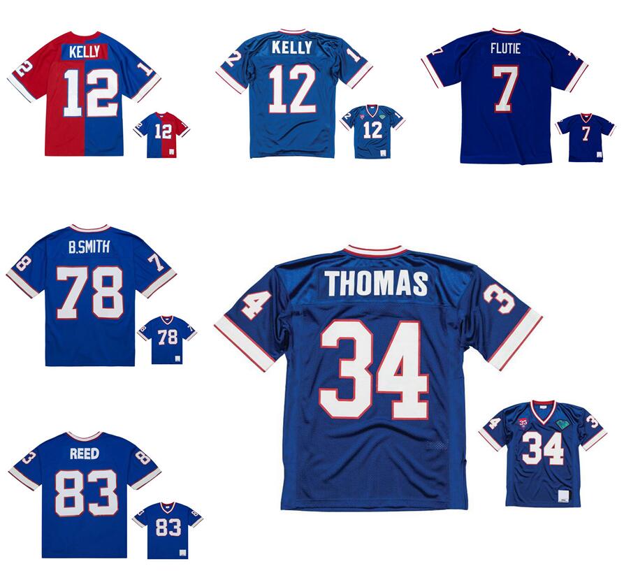 Stitched football Jerseys 34 Thurman Thomas 12 Jim Kelly 7 Doug Flutie 78 Bruce Smith 83 Andre Reed mesh Legacy Retired retro Classics Jersey Men wo