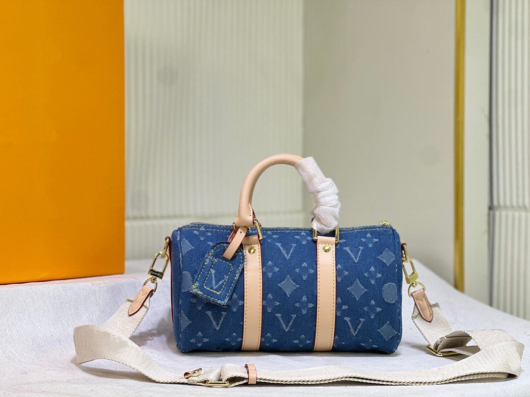 Blue denim travel lage Genuine leather design Baguette pillow keepall shoulder crossbody package clutch handbag tote bag