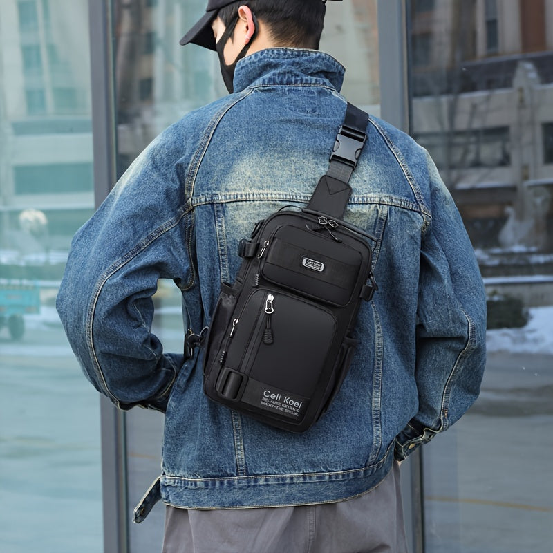 TEMU Men‘s Casual Chest Bag - Multifunctional Fashion Sling Crossbody Shoulder Backpack, Large Capacity, Polyester, Sewing Thread Detail, Hand