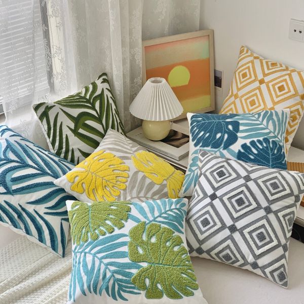 Embroidery Throw Pillow Covers 18x18 Inch Home Decor Tropical Leaf Palm Pattern Pillow Cover for Couch 100% Cotton Canvas Cushion Cover Plan