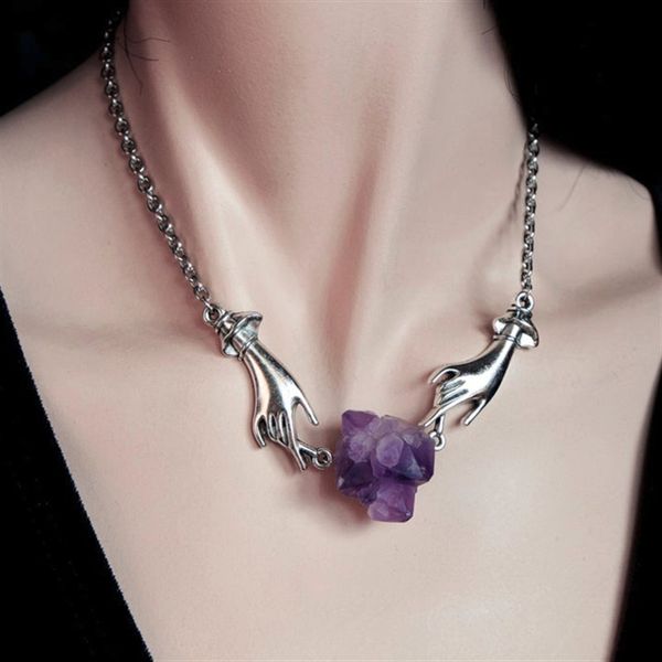 Natural Purple Crystal Necklace Magic Palmistry Hand Gothic Witch Magical Necklaces Choker Gothic Wicca Wolf Tide Gemstone Jewelry Gifts for