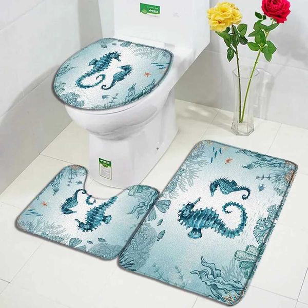 Marine animal bath mat set seahorse sea turtle starfish underwater landscape home bathroom decoration anti slip carpet toilet cover M240829